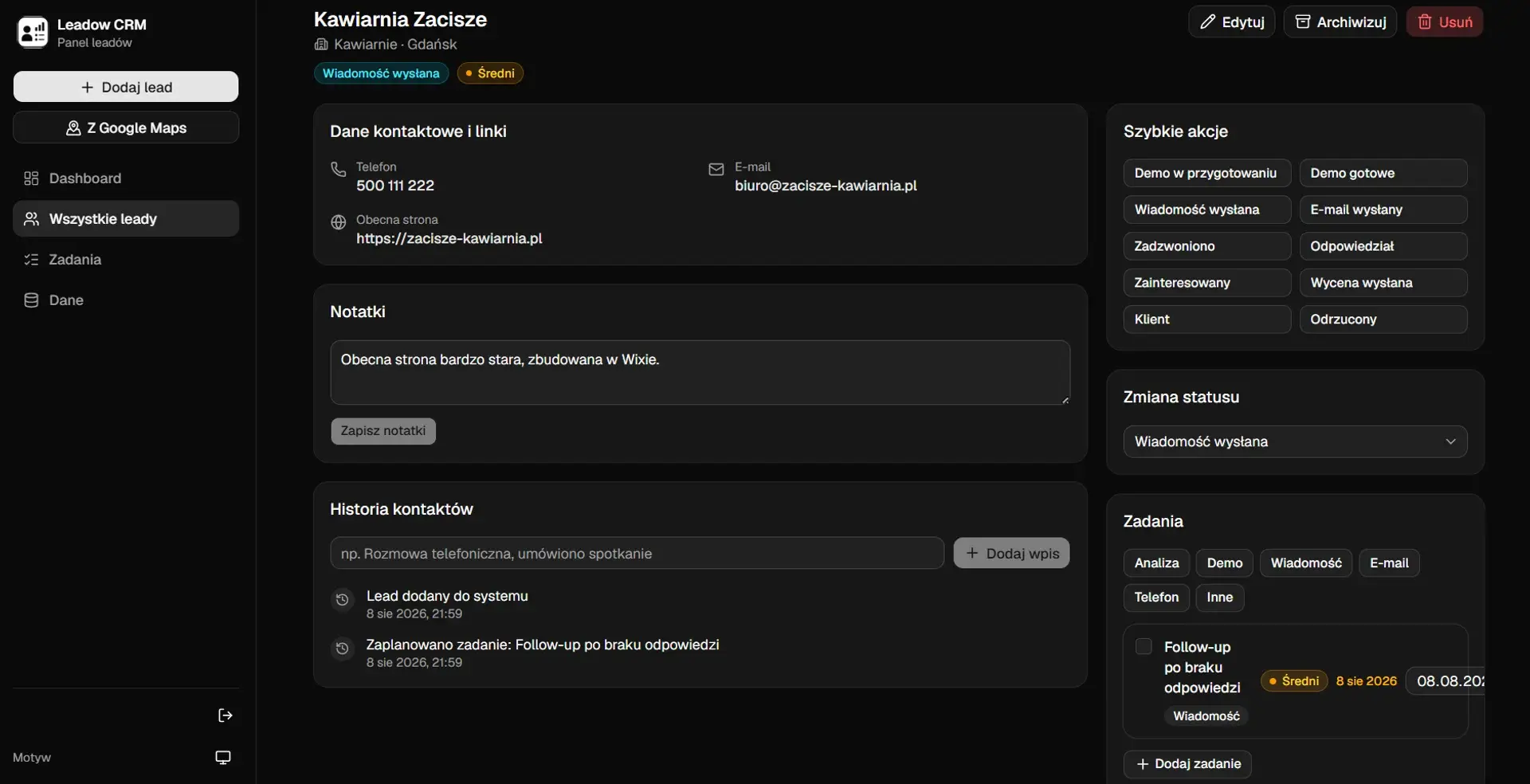 Karta leada w Leadow CRM: dane kontaktowe, notatki, historia kontaktów oraz panel dziesięciu szybkich akcji.