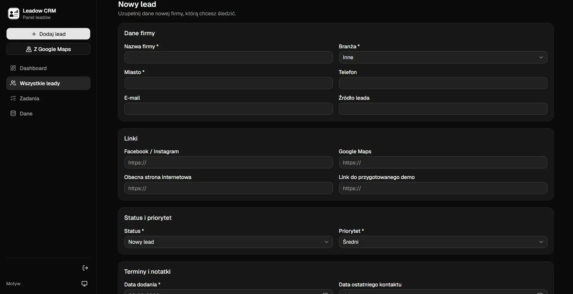 Formularz nowego leada w Leadow CRM: dane firmy, linki, status i priorytet, terminy i notatki.